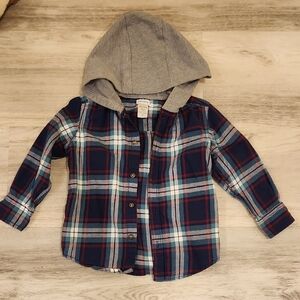 Carter's Blue Plaid Button Down Hooded Shirt 3T